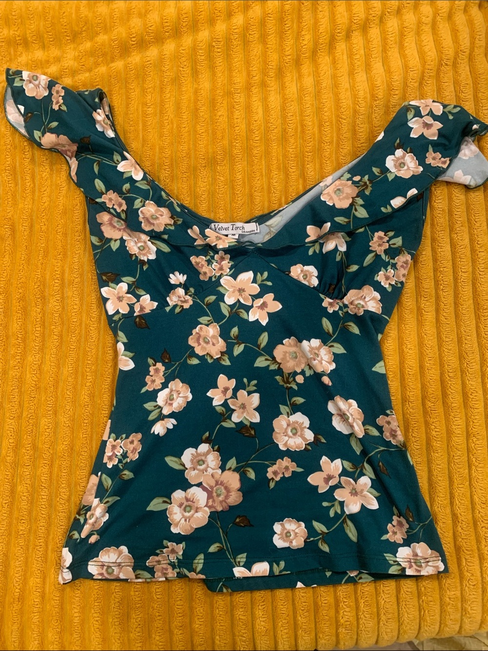 Velvet Torch Teal Floral Ruffle Off-Shoulder Top